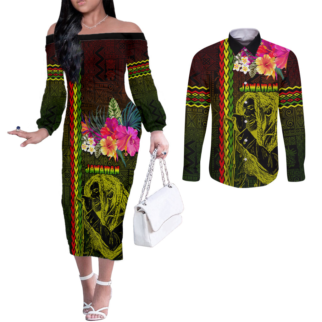 Hawaiian Reggae Music Couples Matching Off The Shoulder Long Sleeve Dress and Long Sleeve Button Shirt Jamaica Singer Tribal Polynesian and Hibiscus LT03 Black - Polynesian Pride