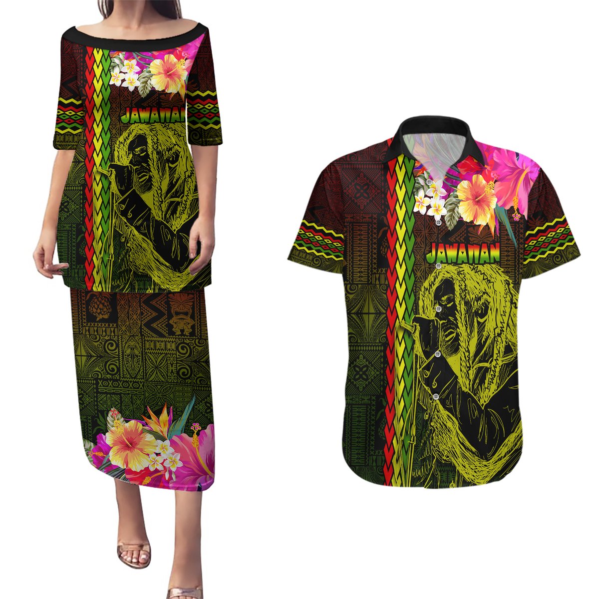 Hawaiian Reggae Music Couples Matching Puletasi and Hawaiian Shirt Jamaica Singer Tribal Polynesian and Hibiscus LT03 Black - Polynesian Pride