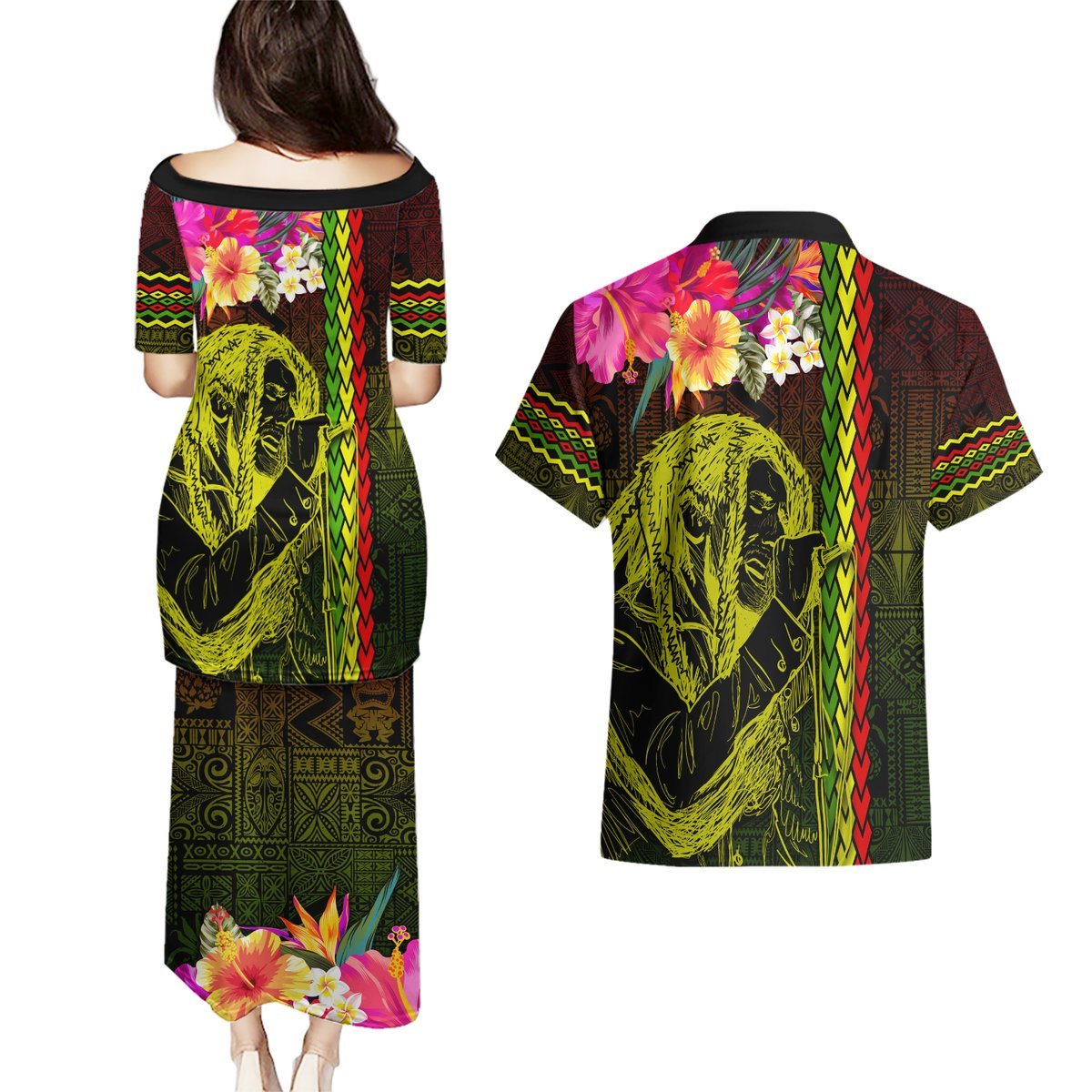 Hawaiian Reggae Music Couples Matching Puletasi and Hawaiian Shirt Jamaica Singer Tribal Polynesian and Hibiscus LT03 - Polynesian Pride