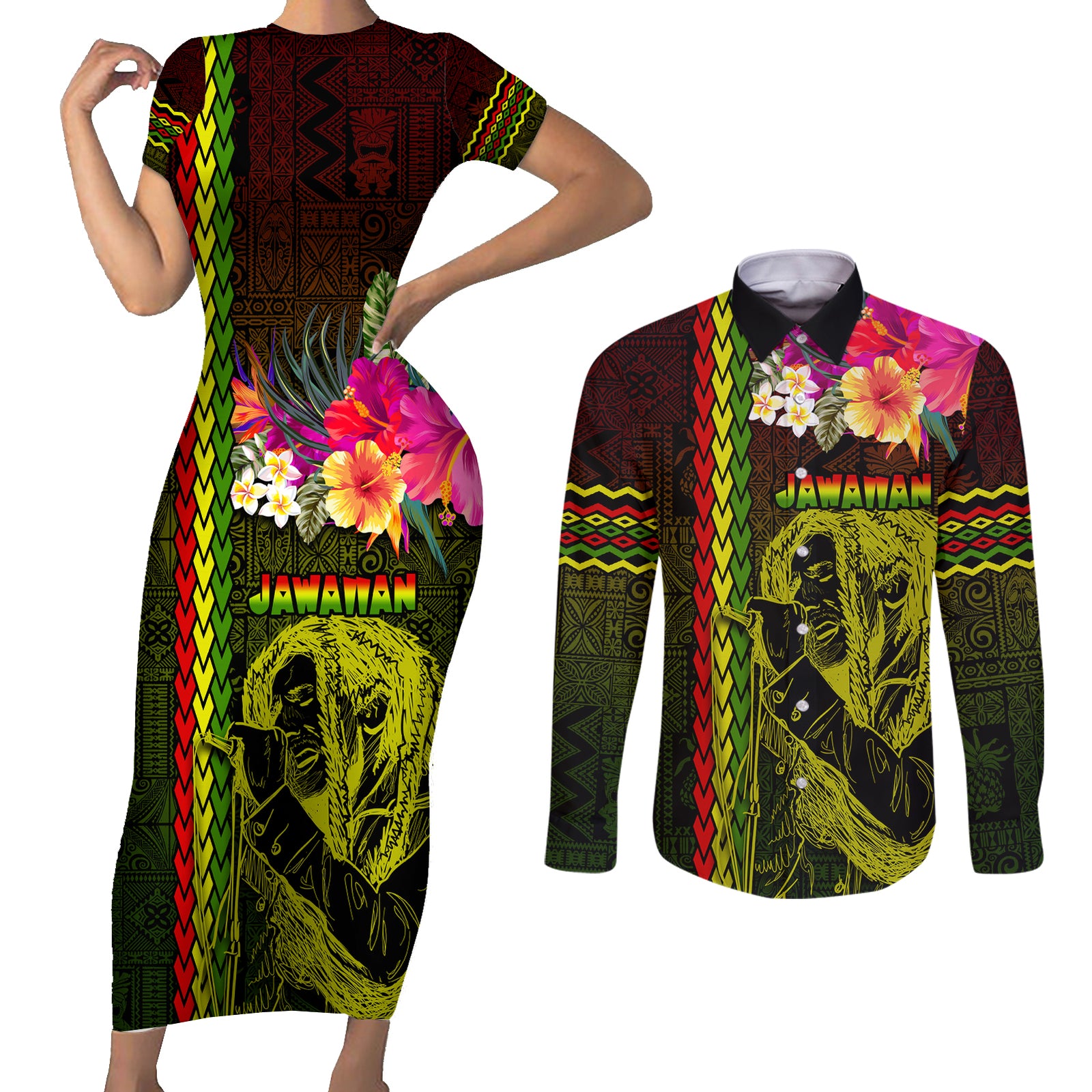 Hawaiian Reggae Music Couples Matching Short Sleeve Bodycon Dress and Long Sleeve Button Shirt Jamaica Singer Tribal Polynesian and Hibiscus LT03 Black - Polynesian Pride