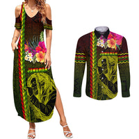 Hawaiian Reggae Music Couples Matching Summer Maxi Dress and Long Sleeve Button Shirt Jamaica Singer Tribal Polynesian and Hibiscus