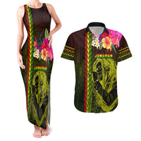 Hawaiian Reggae Music Couples Matching Tank Maxi Dress and Hawaiian Shirt Jamaica Singer Tribal Polynesian and Hibiscus