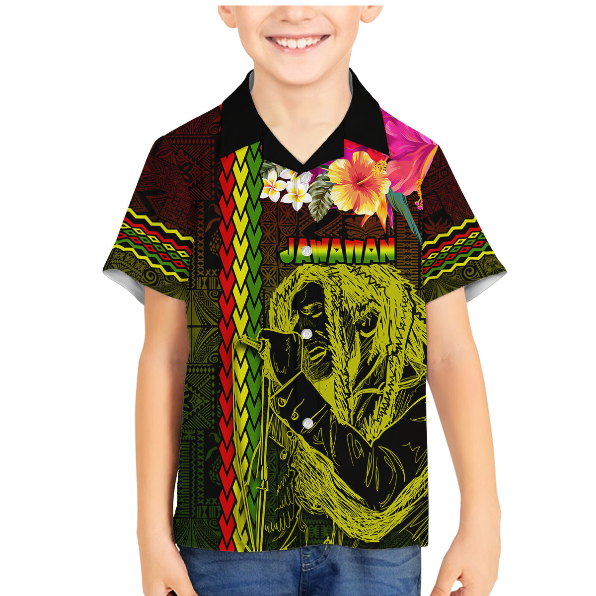 Hawaiian Reggae Music Family Matching Mermaid Dress and Hawaiian Shirt Jamaica Singer Tribal Polynesian and Hibiscus
