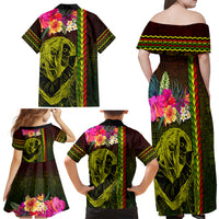 Hawaiian Reggae Music Family Matching Off Shoulder Maxi Dress and Hawaiian Shirt Jamaica Singer Tribal Polynesian and Hibiscus