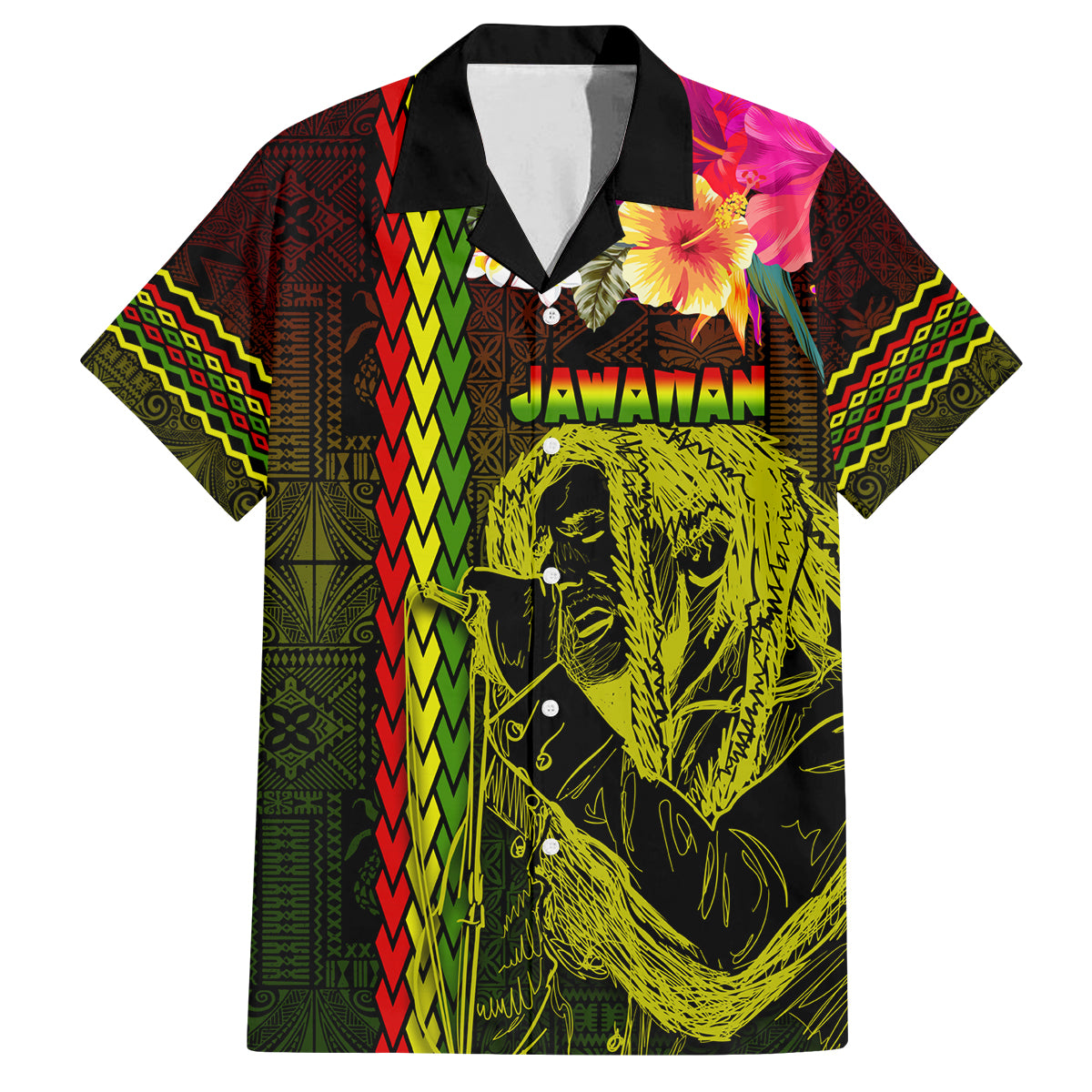 Hawaiian Reggae Music Family Matching Off Shoulder Short Dress and Hawaiian Shirt Jamaica Singer Tribal Polynesian and Hibiscus LT03 Dad's Shirt - Short Sleeve Black - Polynesian Pride