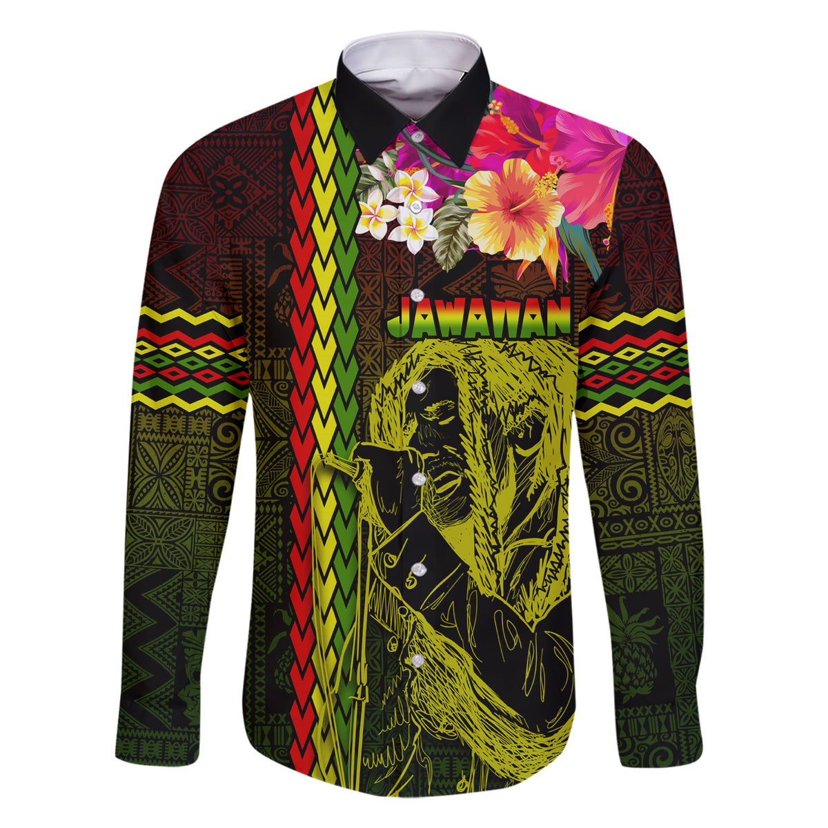 Hawaiian Reggae Music Family Matching Short Sleeve Bodycon Dress and Hawaiian Shirt Jamaica Singer Tribal Polynesian and Hibiscus LT03 Dad's Shirt - Long Sleeve Black - Polynesian Pride
