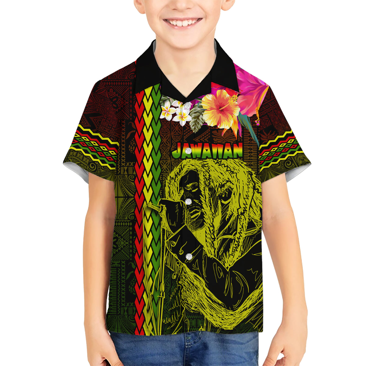 Hawaiian Reggae Music Family Matching Short Sleeve Bodycon Dress and Hawaiian Shirt Jamaica Singer Tribal Polynesian and Hibiscus LT03 Son's Shirt Black - Polynesian Pride