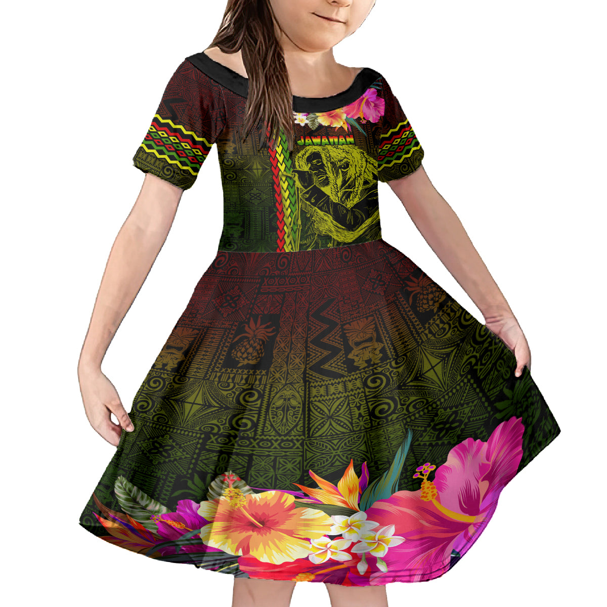 Hawaiian Reggae Music Kid Short Sleeve Dress Jamaica Singer Tribal Polynesian and Hibiscus