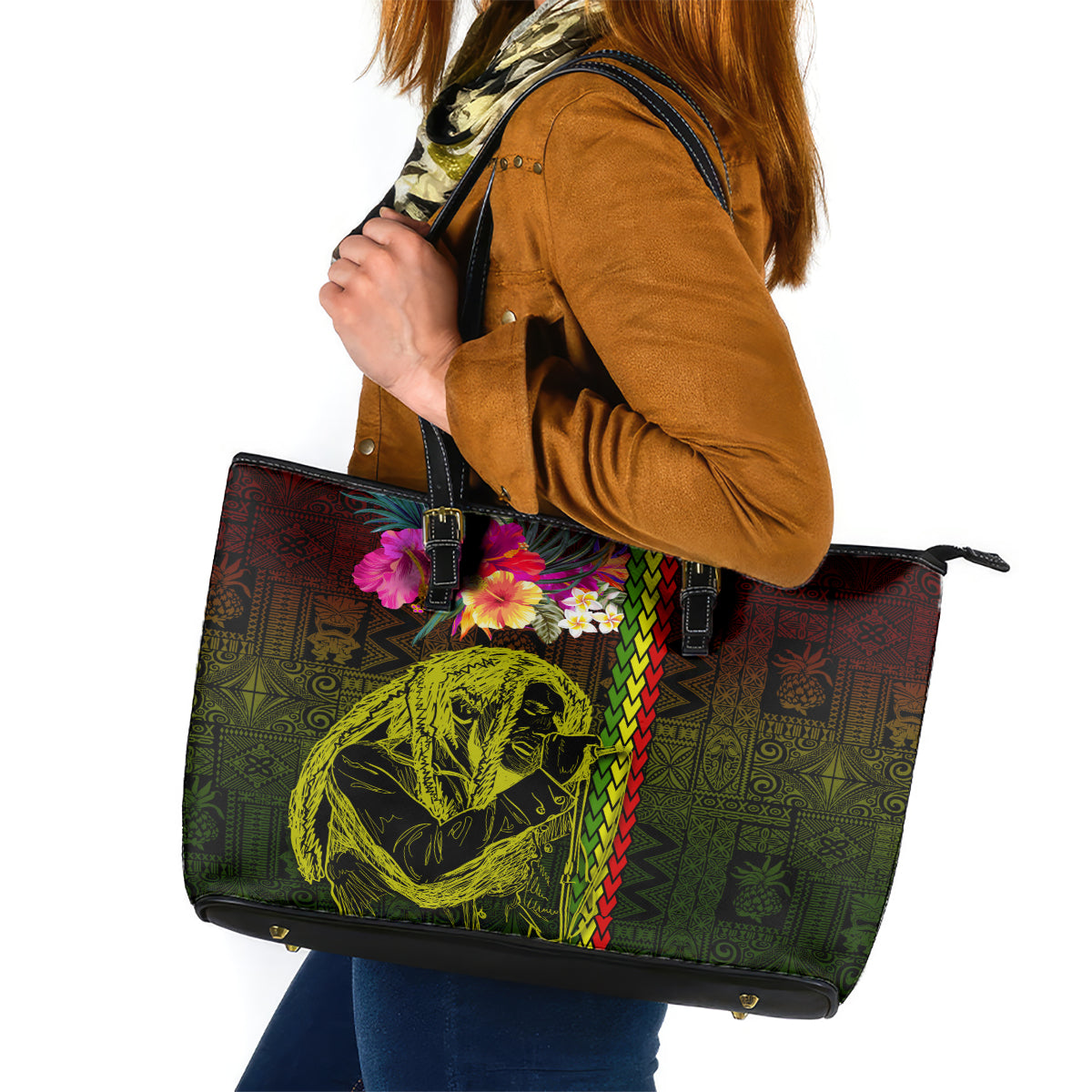 Hawaiian Reggae Music Leather Tote Bag Jamaica Singer Tribal Polynesian and Hibiscus