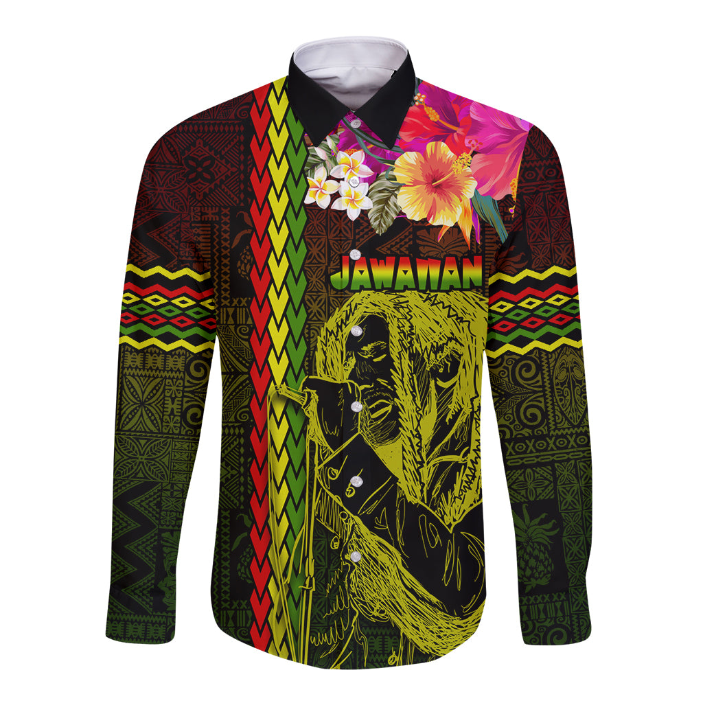 Hawaiian Reggae Music Long Sleeve Button Shirt Jamaica Singer Tribal Polynesian and Hibiscus LT03 Unisex Black - Polynesian Pride
