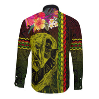 Hawaiian Reggae Music Long Sleeve Button Shirt Jamaica Singer Tribal Polynesian and Hibiscus