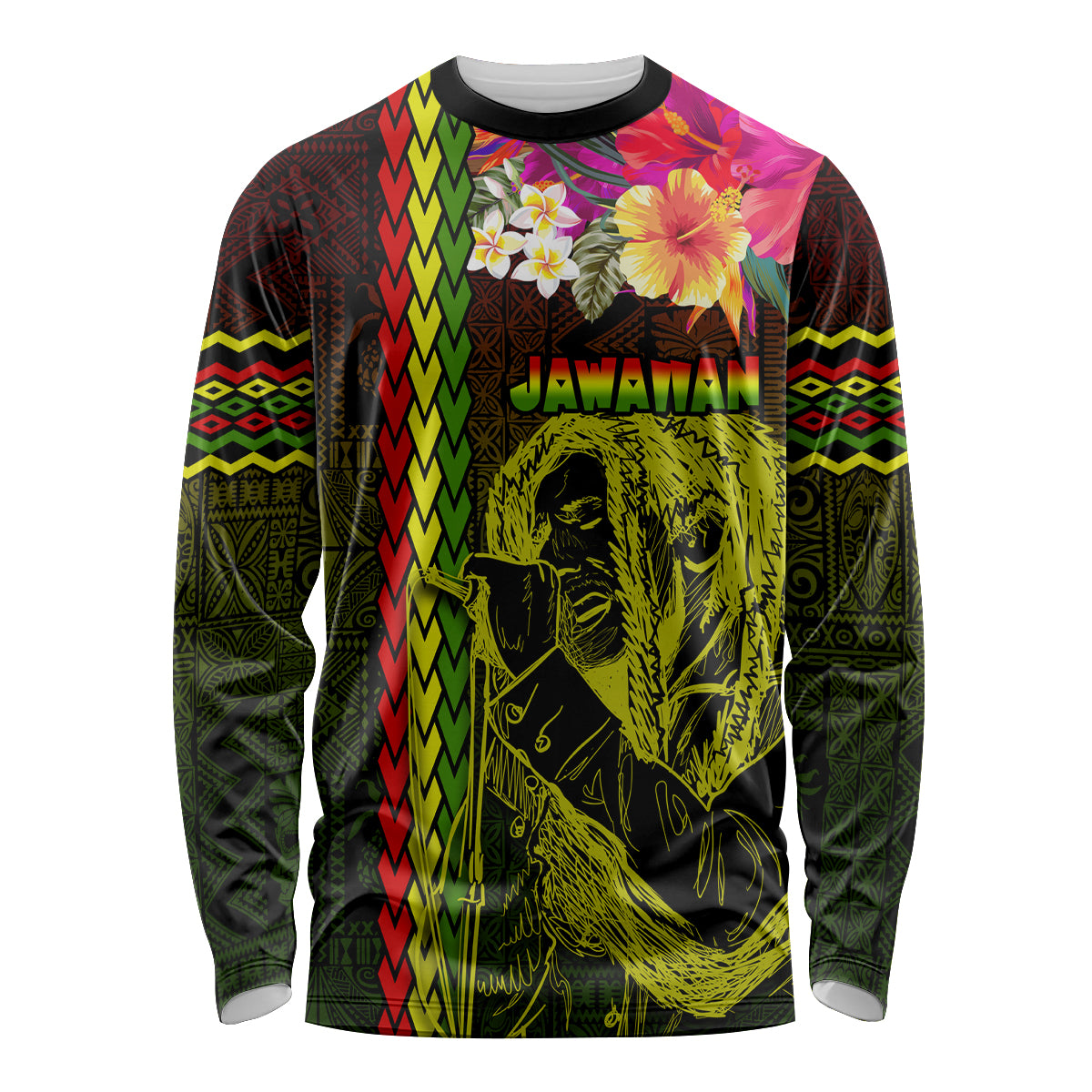 Hawaiian Reggae Music Long Sleeve Shirt Jamaica Singer Tribal Polynesian and Hibiscus