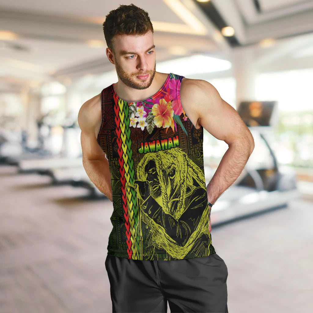 Hawaiian Reggae Music Men Tank Top Jamaica Singer Tribal Polynesian and Hibiscus LT03 Black - Polynesian Pride