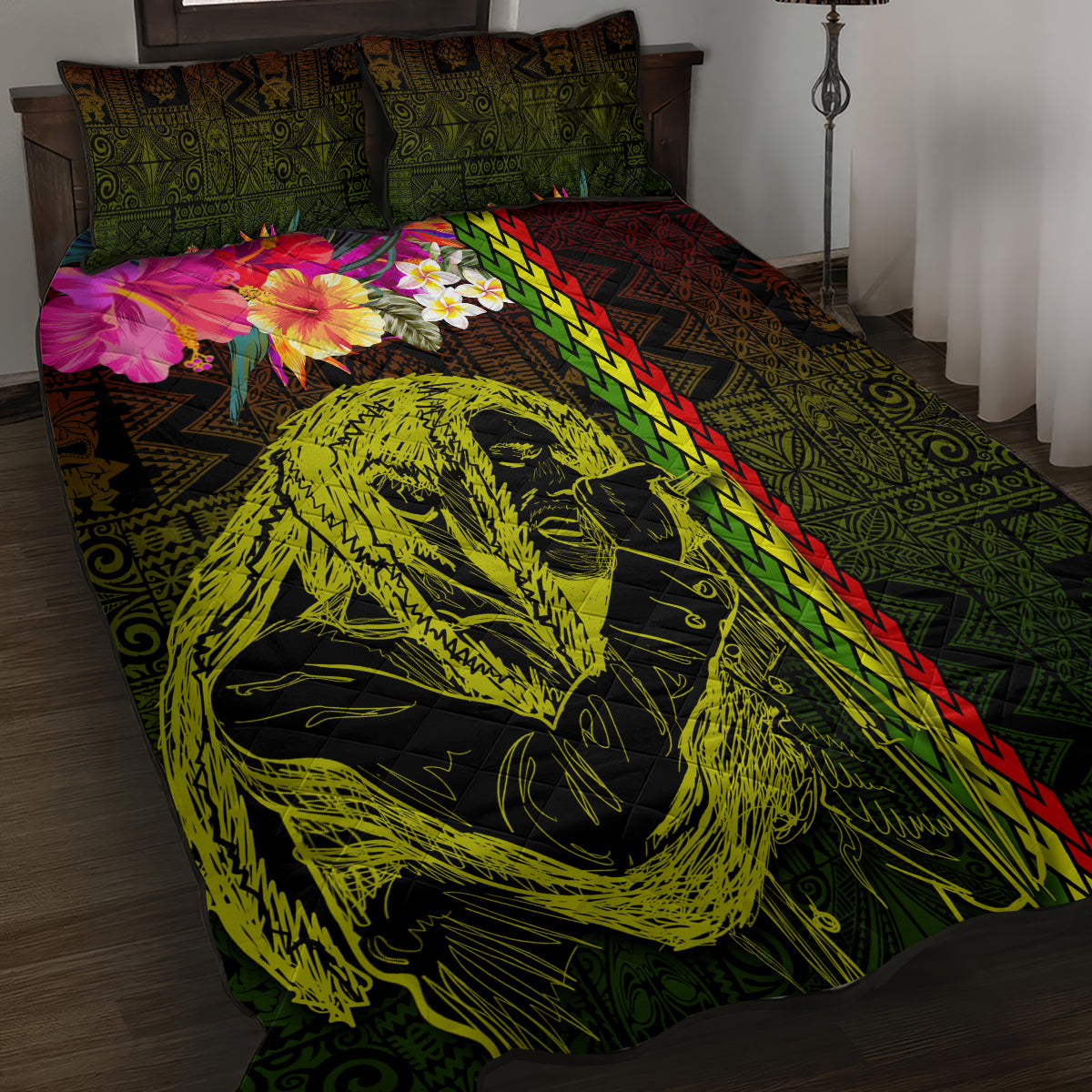 Hawaiian Reggae Music Quilt Bed Set Jamaica Singer Tribal Polynesian and Hibiscus LT03 Black - Polynesian Pride