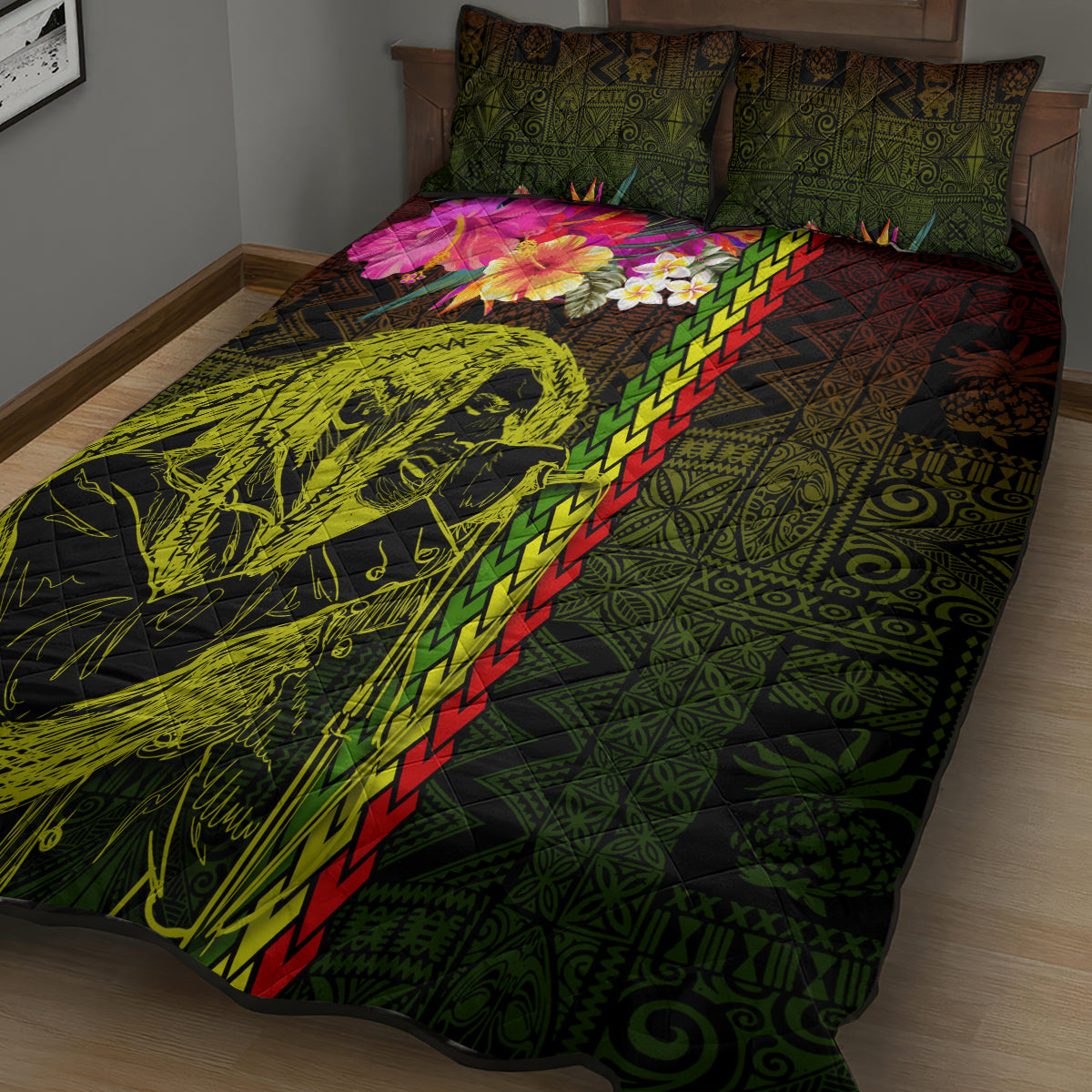Hawaiian Reggae Music Quilt Bed Set Jamaica Singer Tribal Polynesian and Hibiscus LT03 - Polynesian Pride
