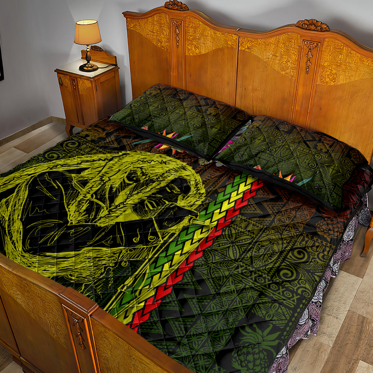 Hawaiian Reggae Music Quilt Bed Set Jamaica Singer Tribal Polynesian and Hibiscus LT03 - Polynesian Pride