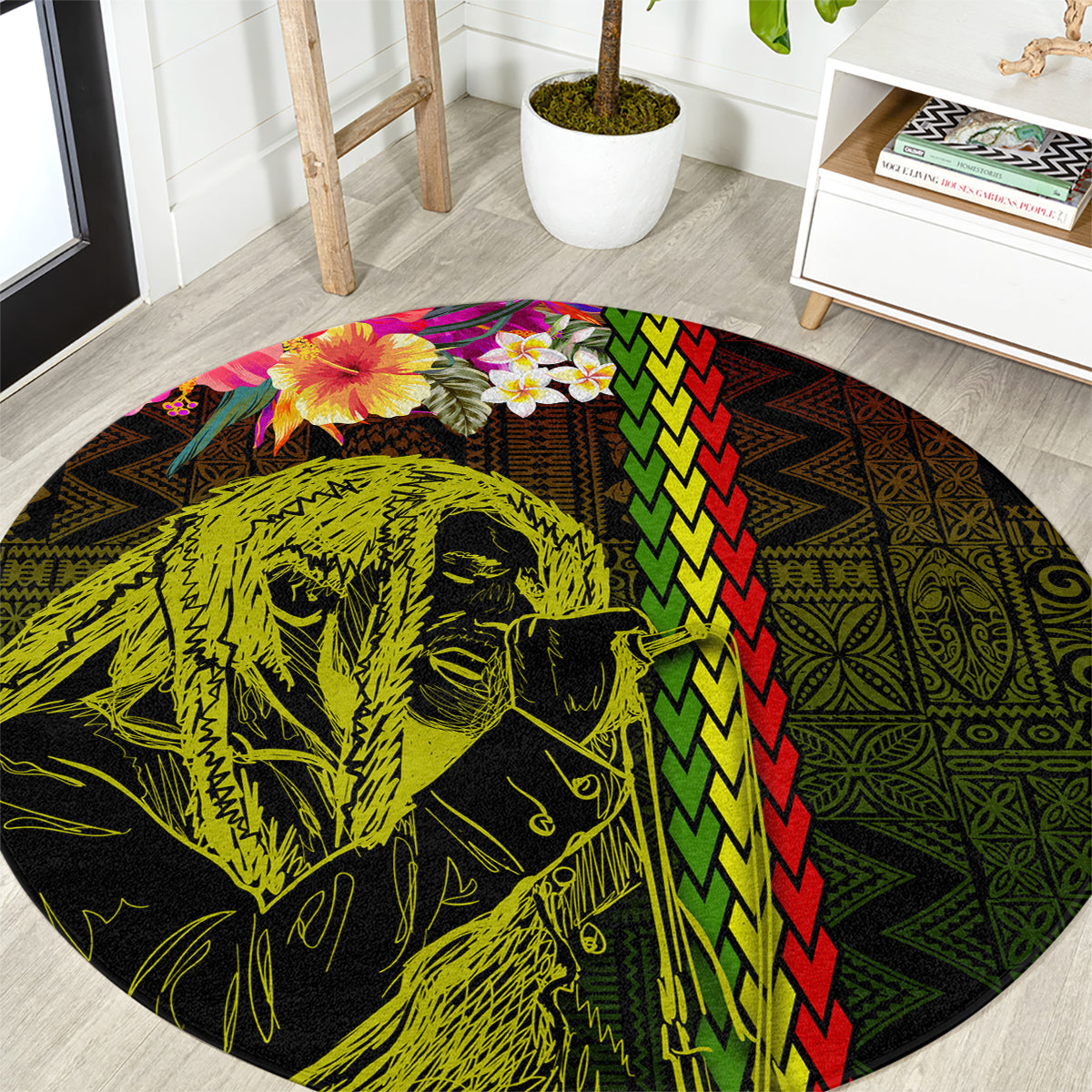 Hawaiian Reggae Music Round Carpet Jamaica Singer Tribal Polynesian and Hibiscus LT03 Black - Polynesian Pride