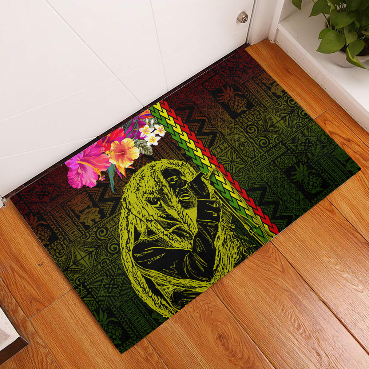 Hawaiian Reggae Music Rubber Doormat Jamaica Singer Tribal Polynesian and Hibiscus LT03 Black - Polynesian Pride