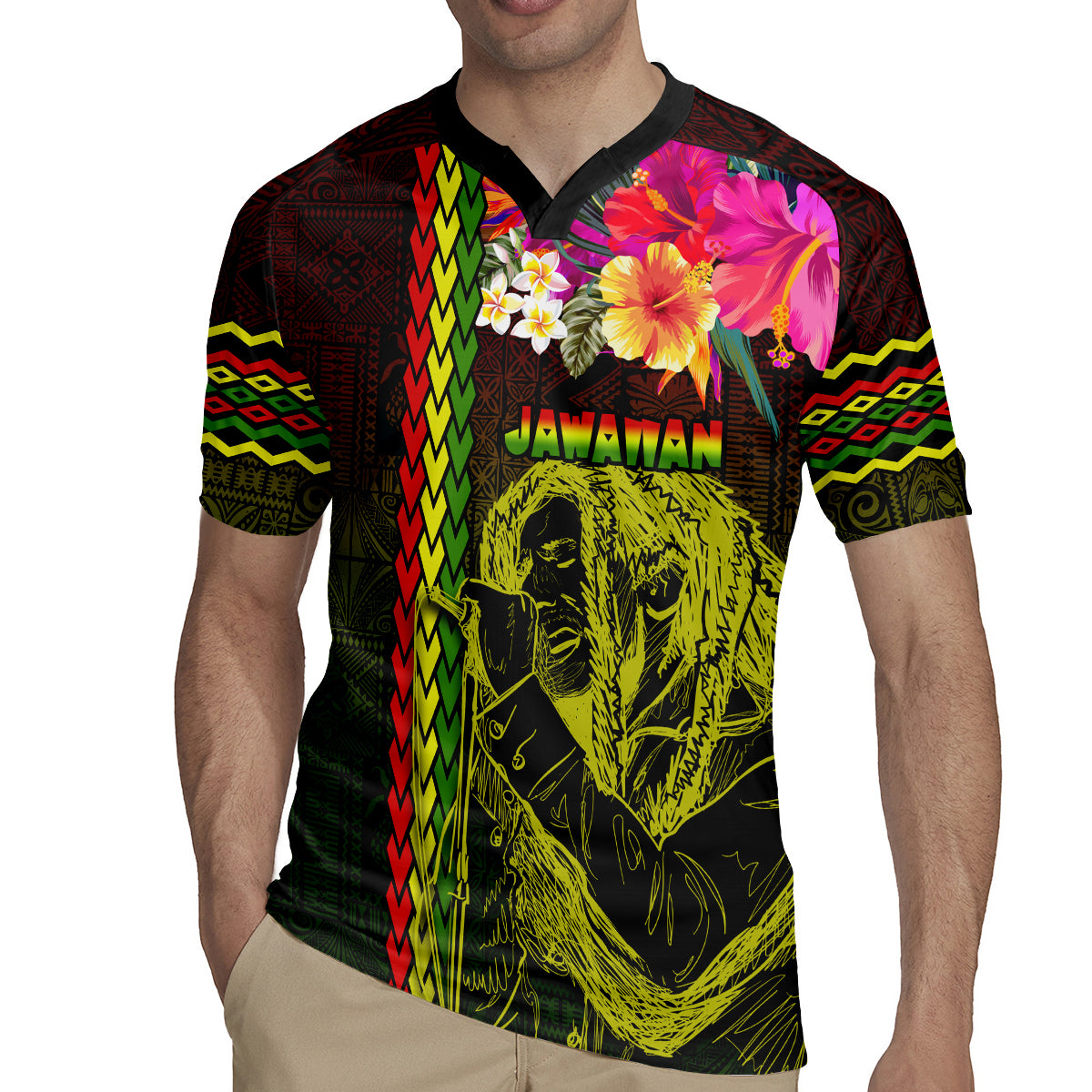 Hawaiian Reggae Music Rugby Jersey Jamaica Singer Tribal Polynesian and Hibiscus