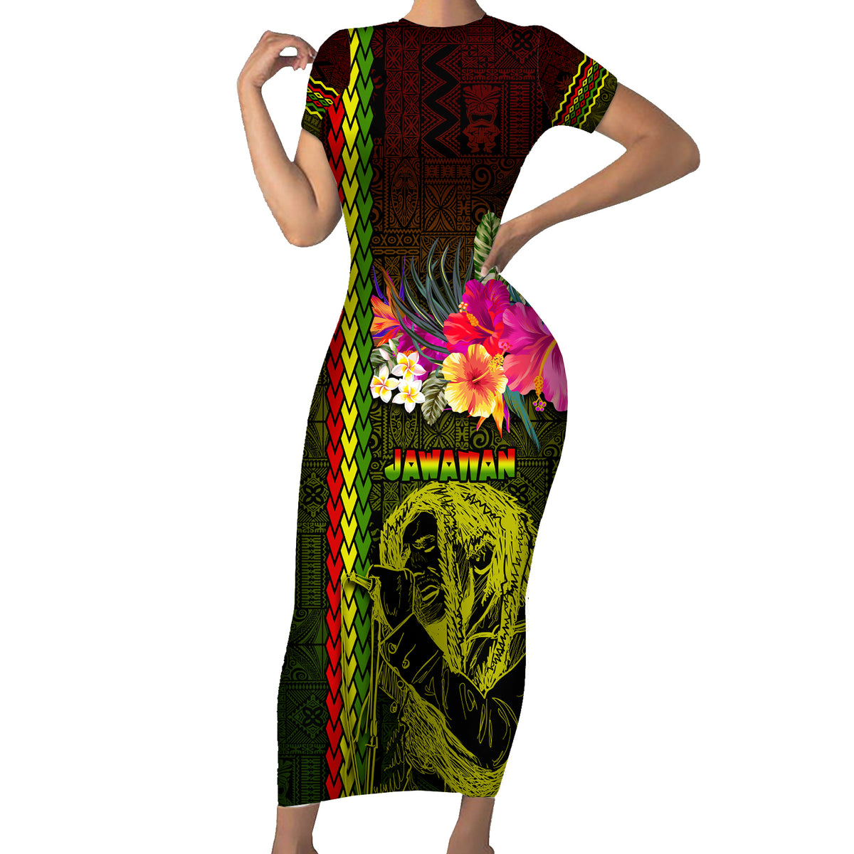 Hawaiian Reggae Music Short Sleeve Bodycon Dress Jamaica Singer Tribal