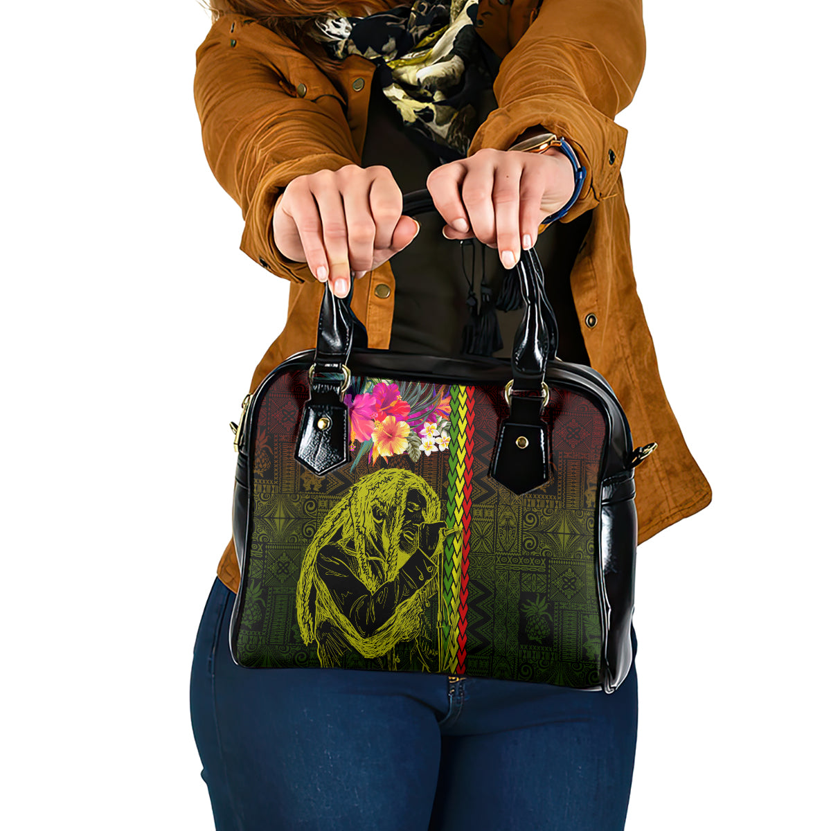 Hawaiian Reggae Music Shoulder Handbag Jamaica Singer Tribal Polynesian and Hibiscus LT03 One Size Black - Polynesian Pride
