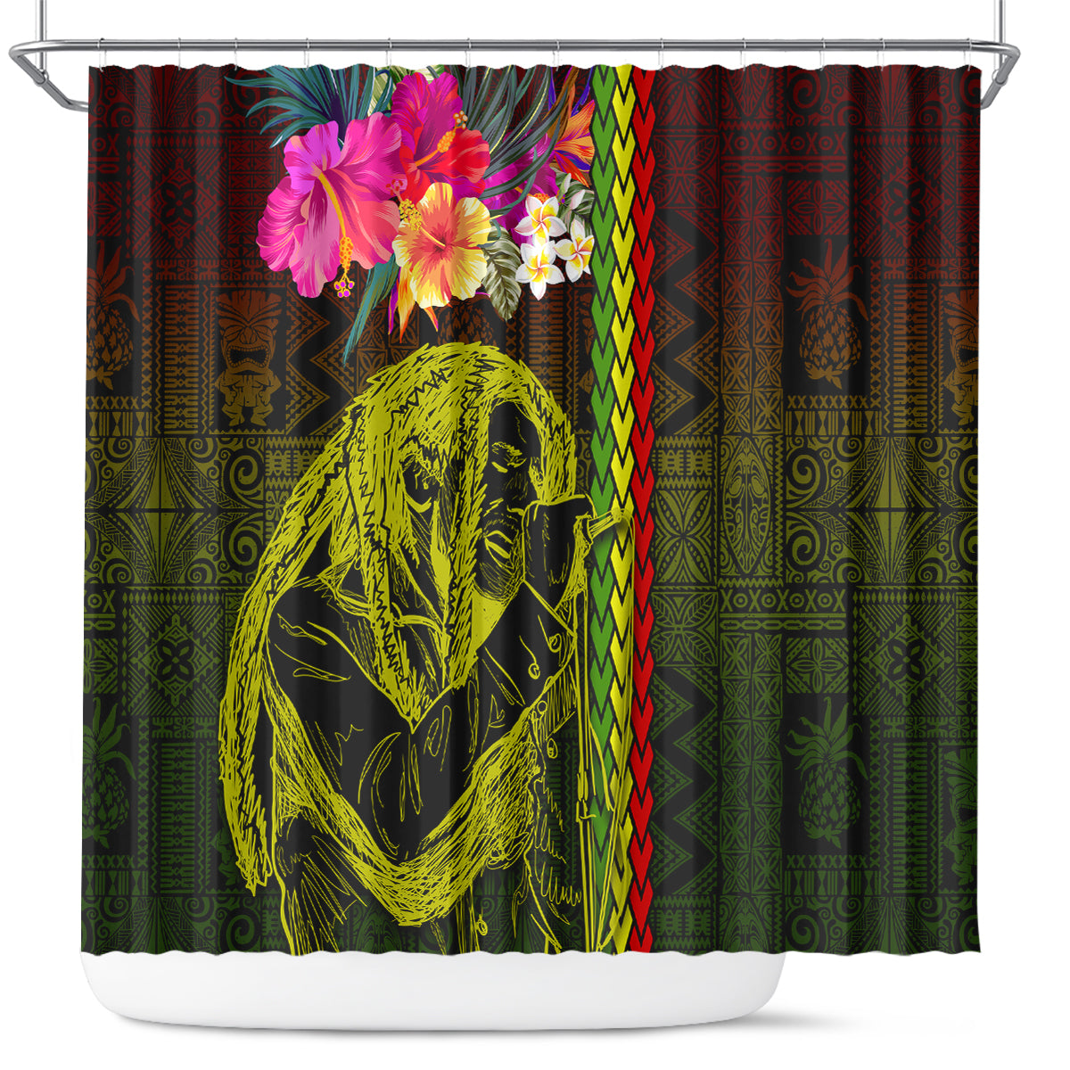 Hawaiian Reggae Music Shower Curtain Jamaica Singer Tribal Polynesian and Hibiscus LT03 Black - Polynesian Pride