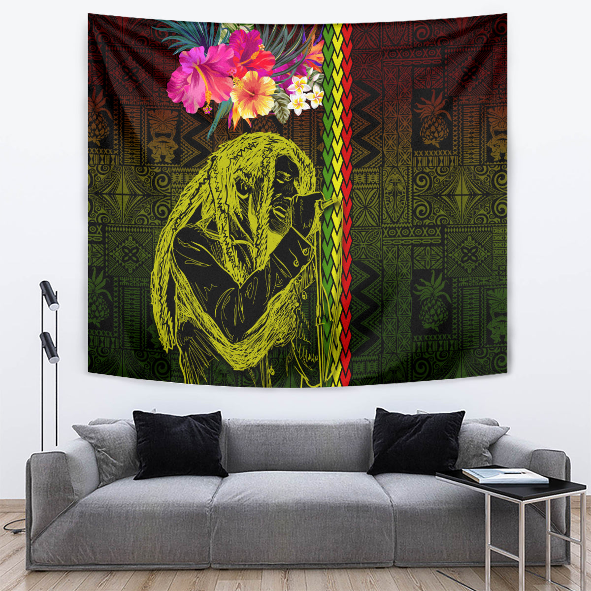 Hawaiian Reggae Music Tapestry Jamaica Singer Tribal Polynesian and Hibiscus LT03 Black - Polynesian Pride