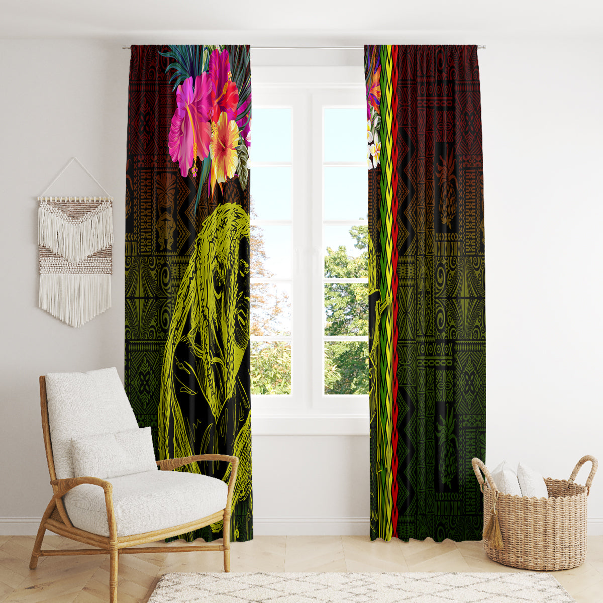 Hawaiian Reggae Music Window Curtain Jamaica Singer Tribal Polynesian and Hibiscus LT03 - Polynesian Pride