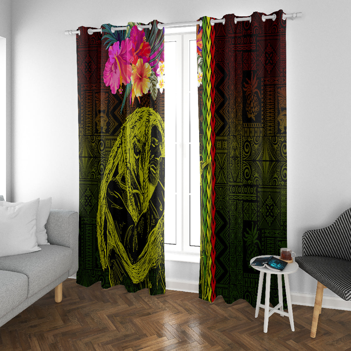 Hawaiian Reggae Music Window Curtain Jamaica Singer Tribal Polynesian and Hibiscus LT03 With Grommets Black - Polynesian Pride
