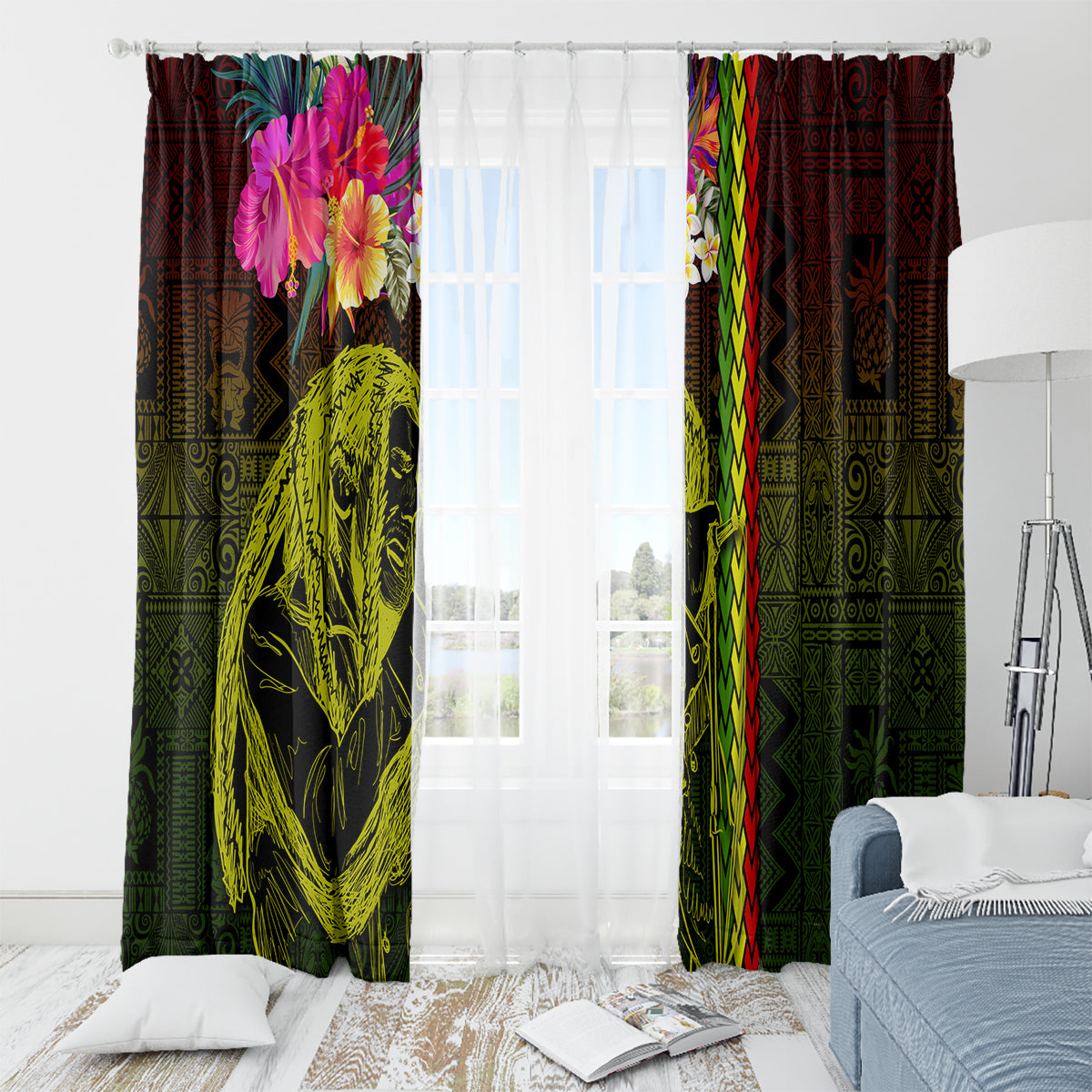 Hawaiian Reggae Music Window Curtain Jamaica Singer Tribal Polynesian and Hibiscus LT03 - Polynesian Pride