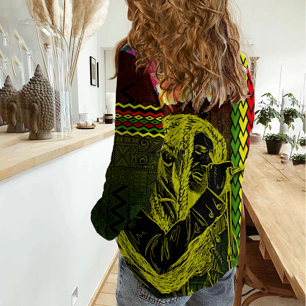 Hawaiian Reggae Music Women Casual Shirt Jamaica Singer Tribal Polynesian and Hibiscus