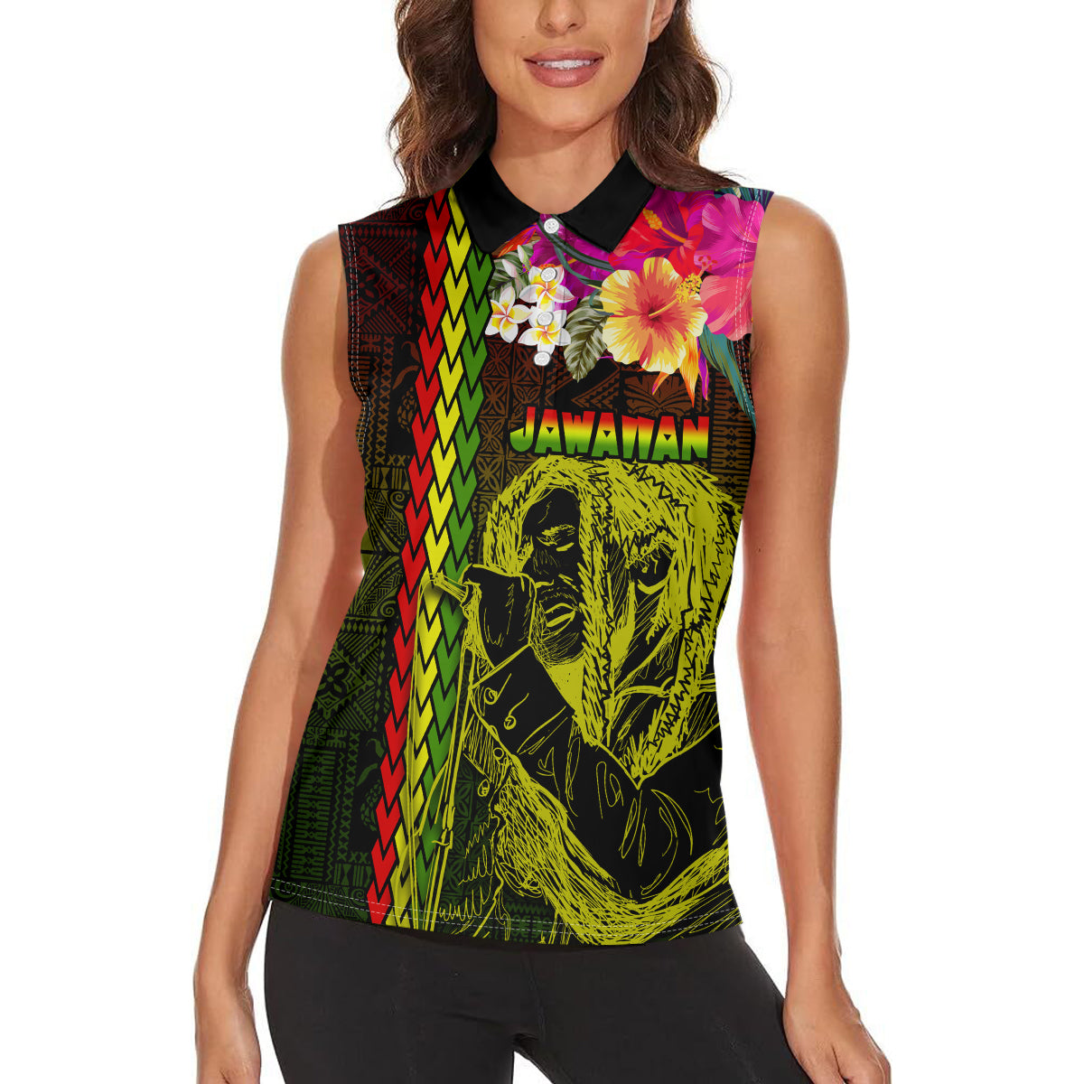 Hawaiian Reggae Music Women Sleeveless Polo Shirt Jamaica Singer Tribal Polynesian and Hibiscus