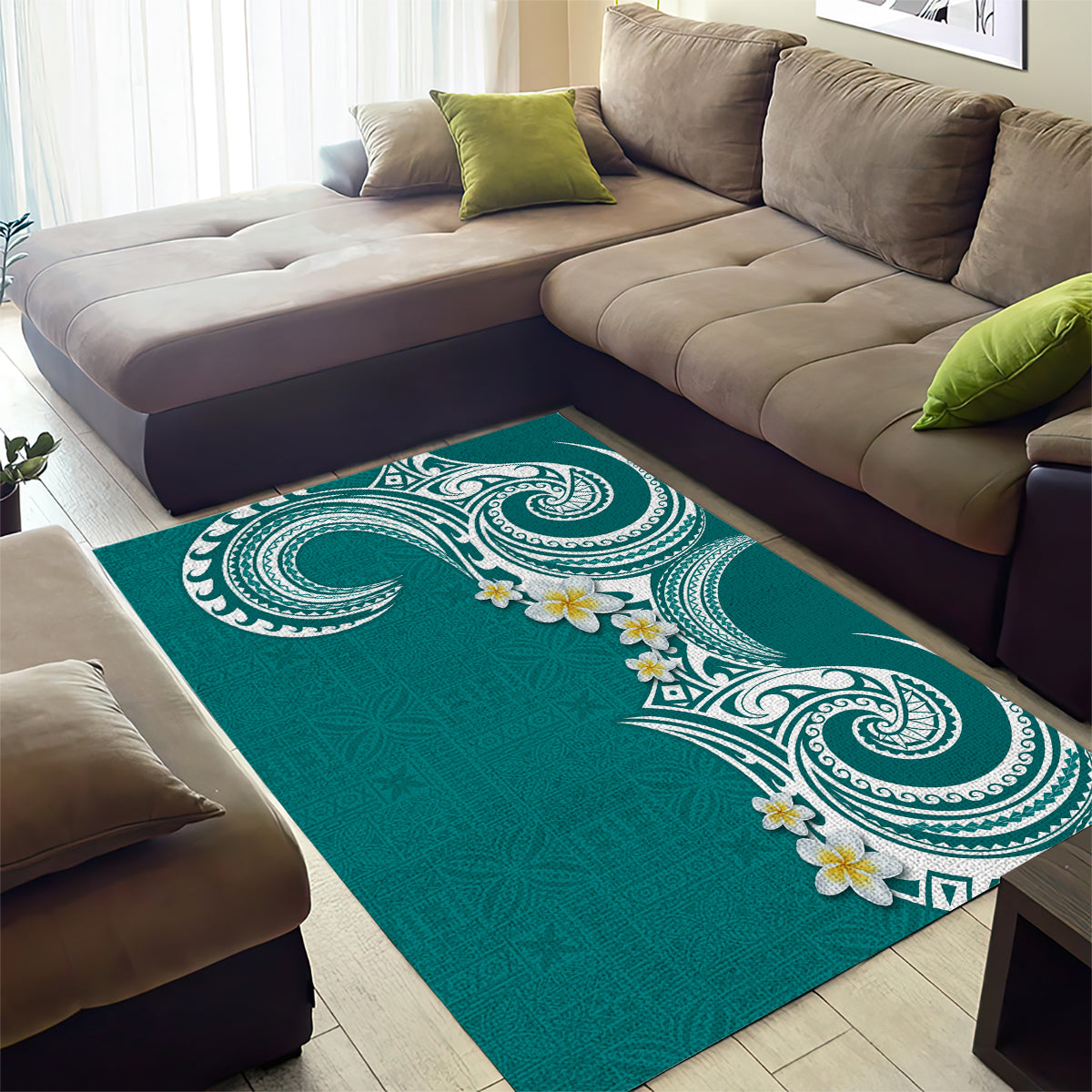 Aloha Polynesian Plumeria Flower Area Rug Teal Color