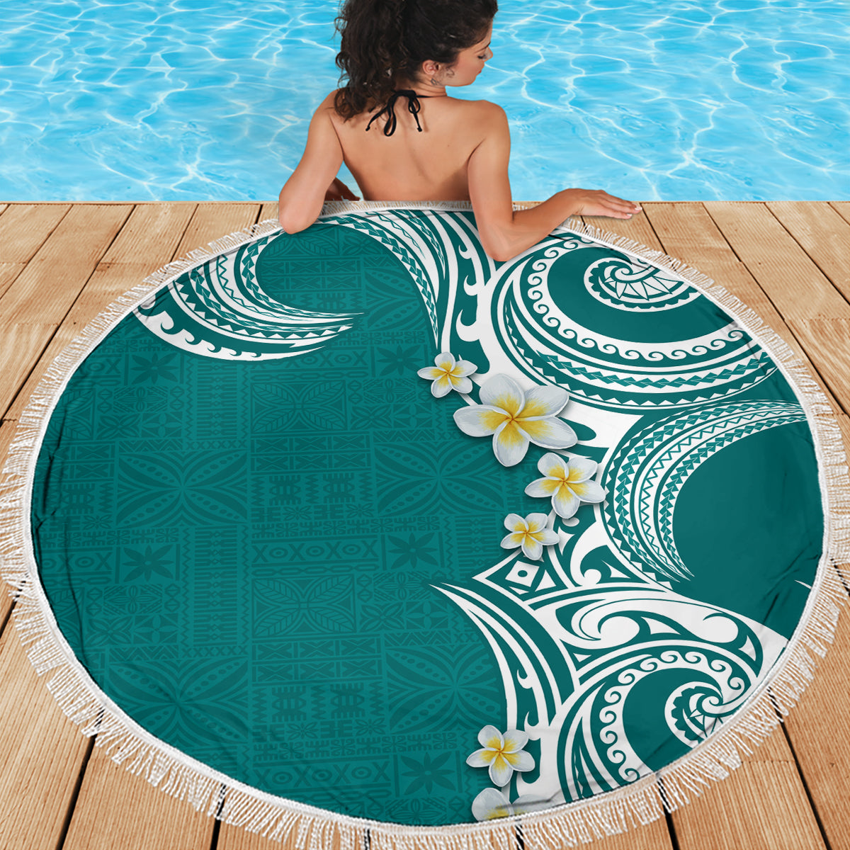 Aloha Polynesian Plumeria Flower Beach Blanket Teal Color