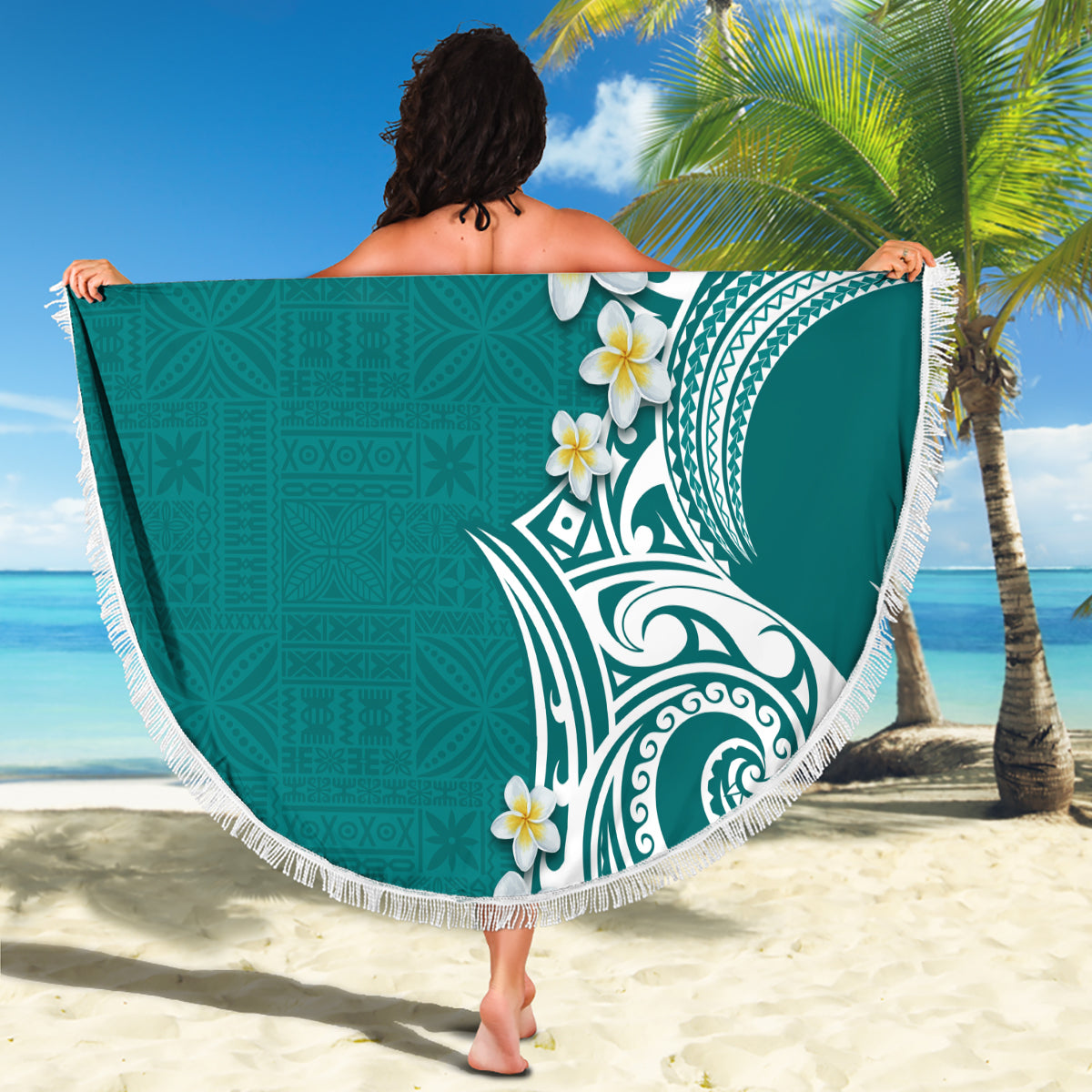 Aloha Polynesian Plumeria Flower Beach Blanket Teal Color