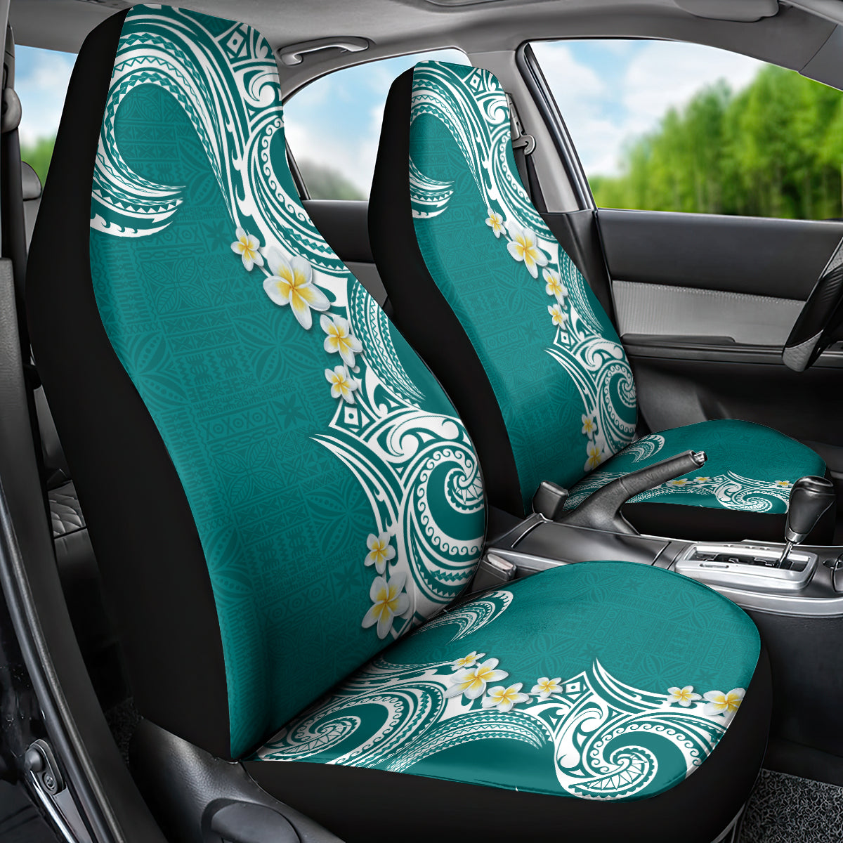 Aloha Polynesian Plumeria Flower Car Seat Cover Teal Color