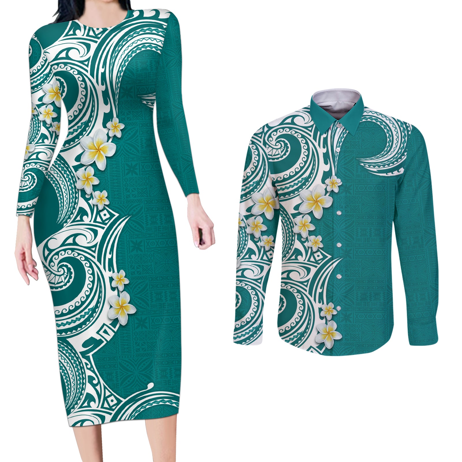 Aloha Polynesian Plumeria Flower Couples Matching Long Sleeve Bodycon Dress and Long Sleeve Button Shirt Teal Color LT03 Teal - Polynesian Pride