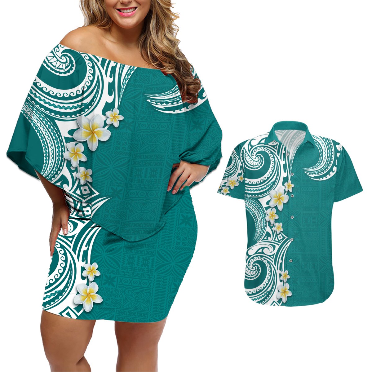 Aloha Polynesian Plumeria Flower Couples Matching Off Shoulder Short Dress and Hawaiian Shirt Teal Color LT03 Teal - Polynesian Pride