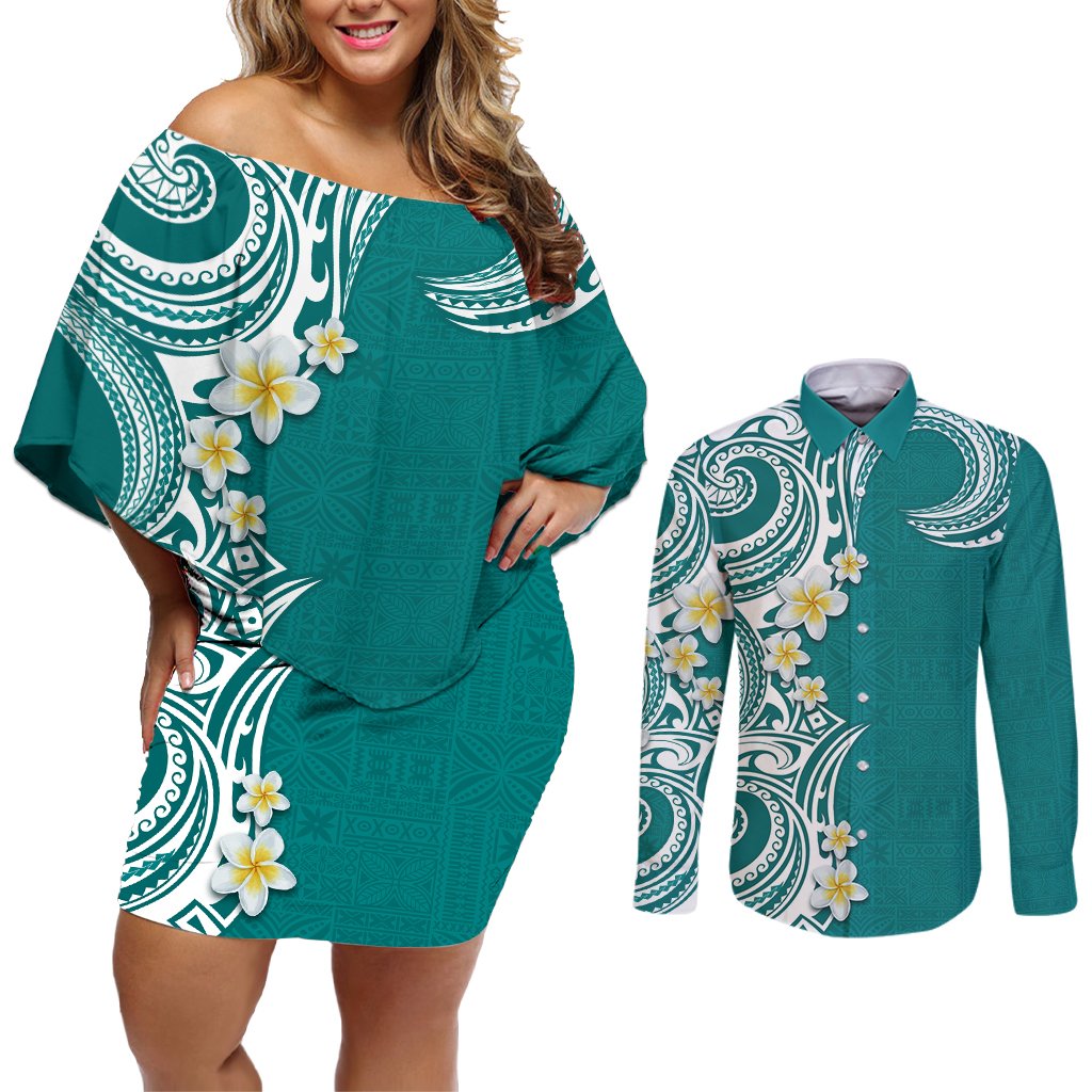Aloha Polynesian Plumeria Flower Couples Matching Off Shoulder Short Dress and Long Sleeve Button Shirt Teal Color LT03 Teal - Polynesian Pride