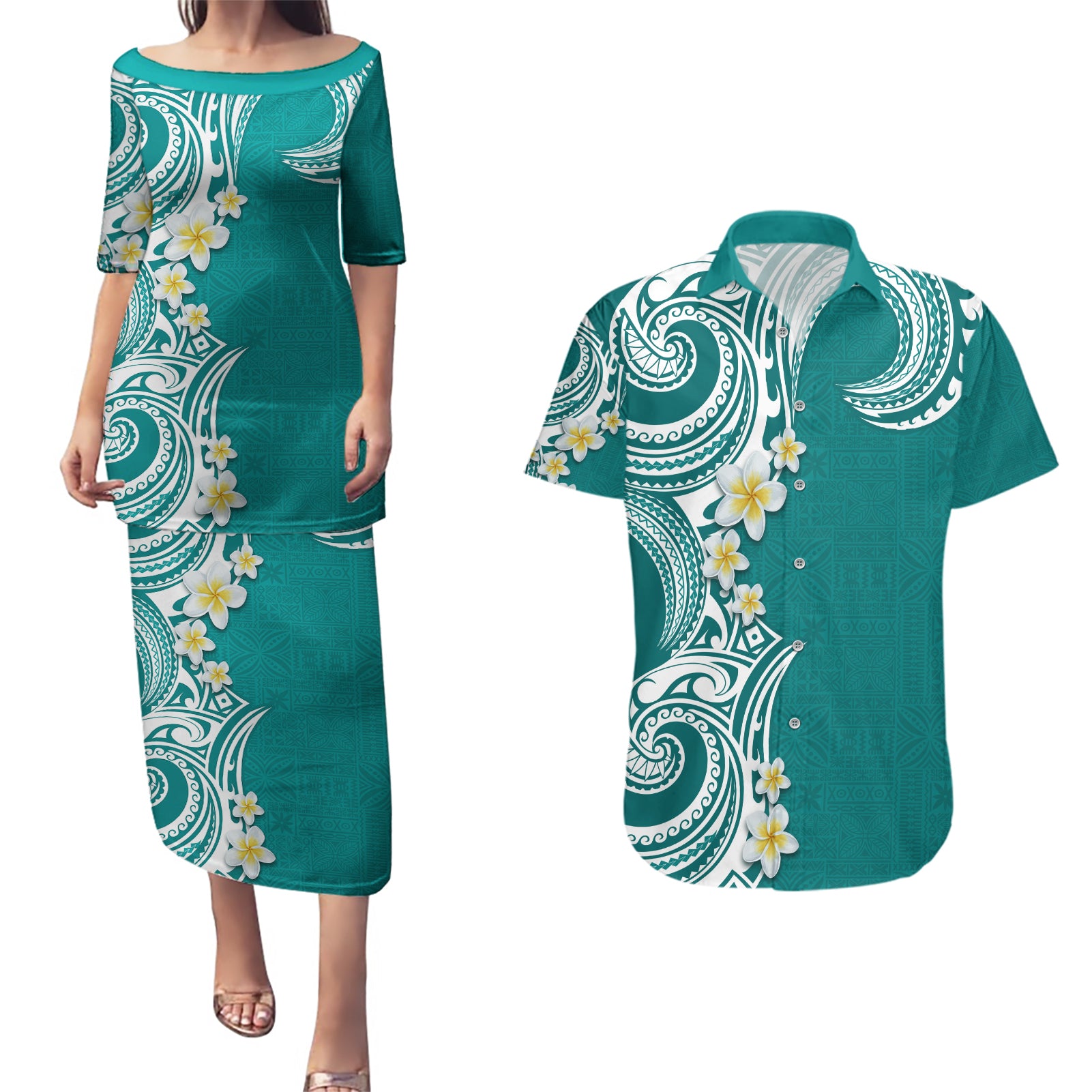 Aloha Polynesian Plumeria Flower Couples Matching Puletasi and Hawaiian Shirt Teal Color
