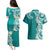 Aloha Polynesian Plumeria Flower Couples Matching Puletasi and Hawaiian Shirt Teal Color
