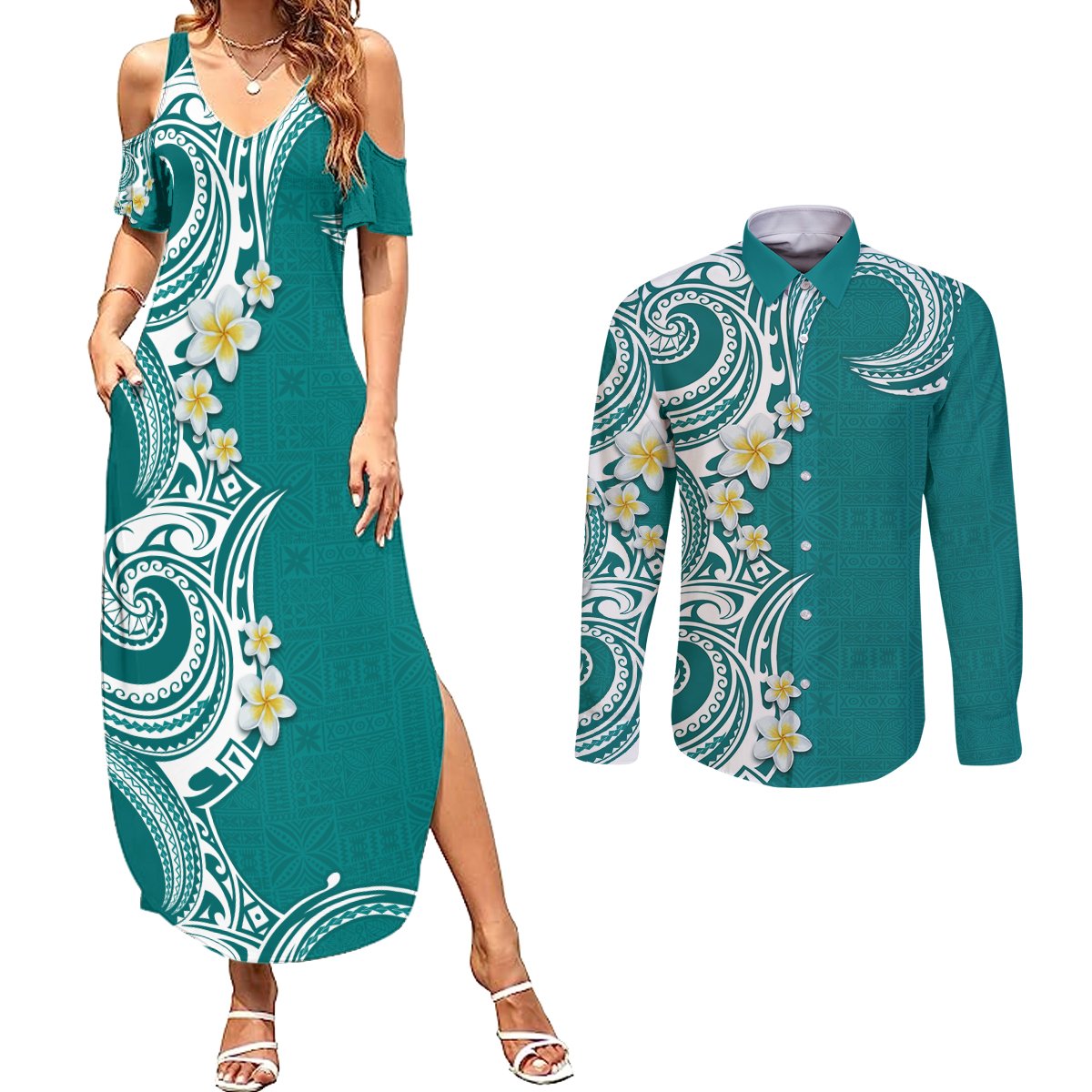 Aloha Polynesian Plumeria Flower Couples Matching Summer Maxi Dress and Long Sleeve Button Shirt Teal Color LT03 Teal - Polynesian Pride