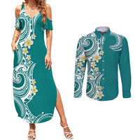 Aloha Polynesian Plumeria Flower Couples Matching Summer Maxi Dress and Long Sleeve Button Shirt Teal Color