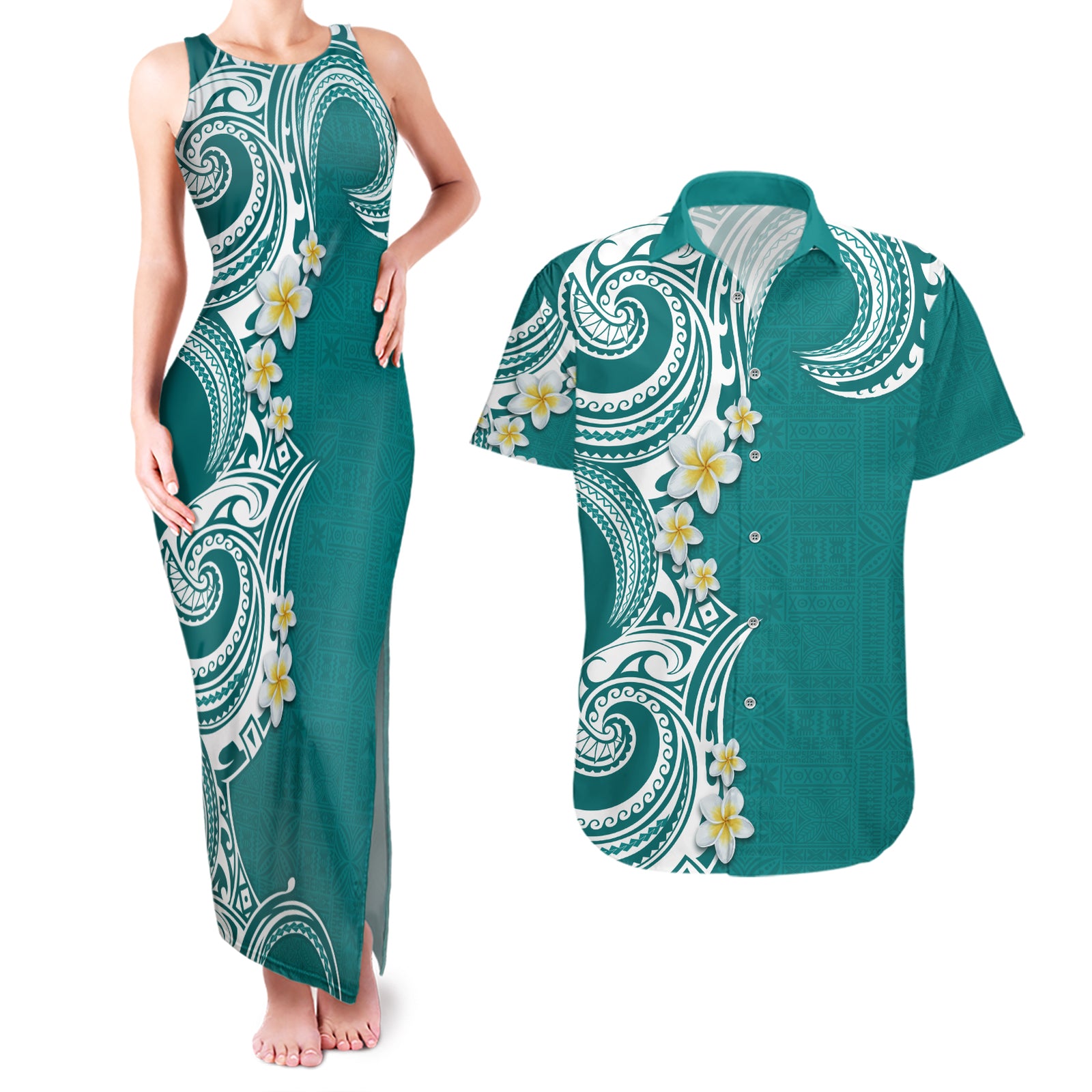 Aloha Polynesian Plumeria Flower Couples Matching Tank Maxi Dress and Hawaiian Shirt Teal Color LT03 Teal - Polynesian Pride