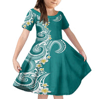 Aloha Polynesian Plumeria Flower Family Matching Long Sleeve Bodycon Dress and Hawaiian Shirt Teal Color LT03 Daughter's Dress Teal - Polynesian Pride