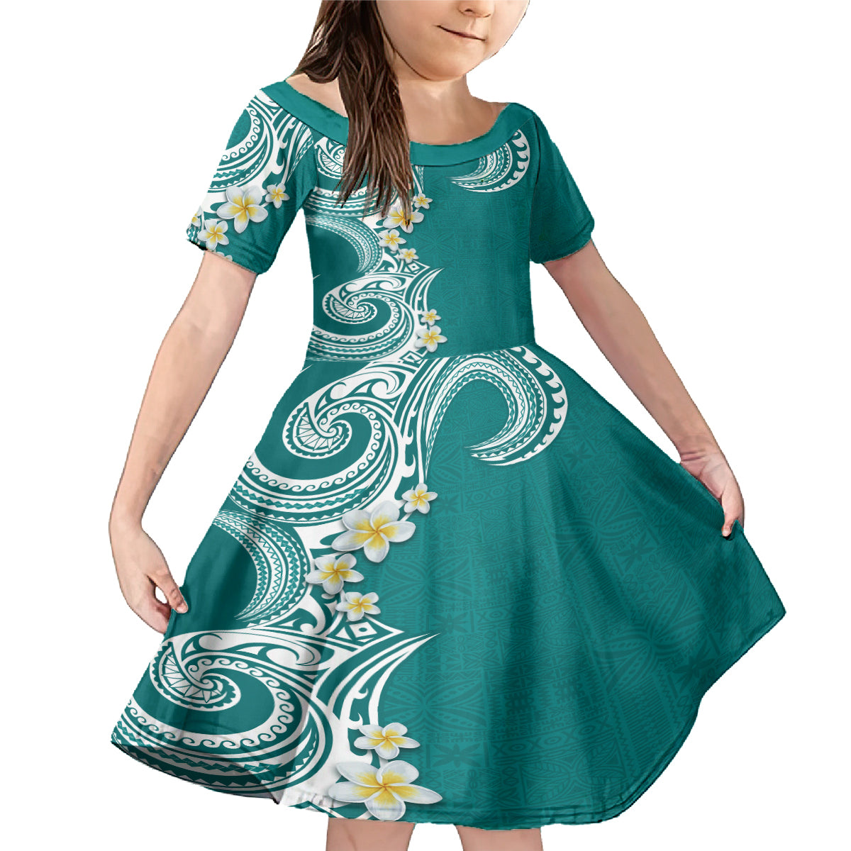 Aloha Polynesian Plumeria Flower Family Matching Mermaid Dress and Hawaiian Shirt Teal Color
