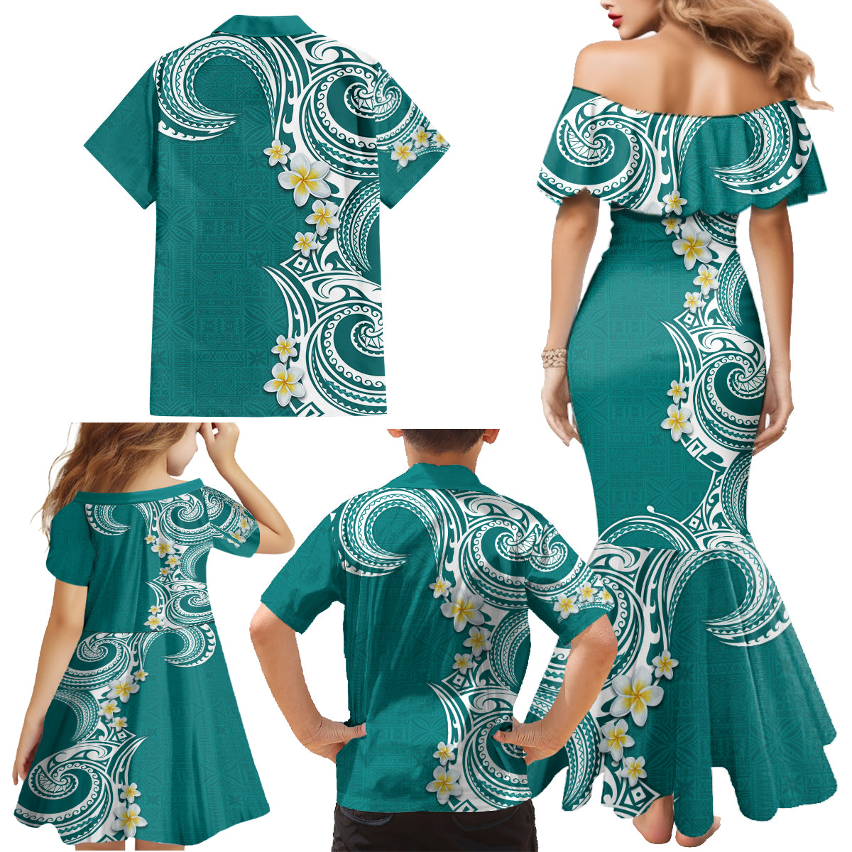 Aloha Polynesian Plumeria Flower Family Matching Mermaid Dress and Hawaiian Shirt Teal Color