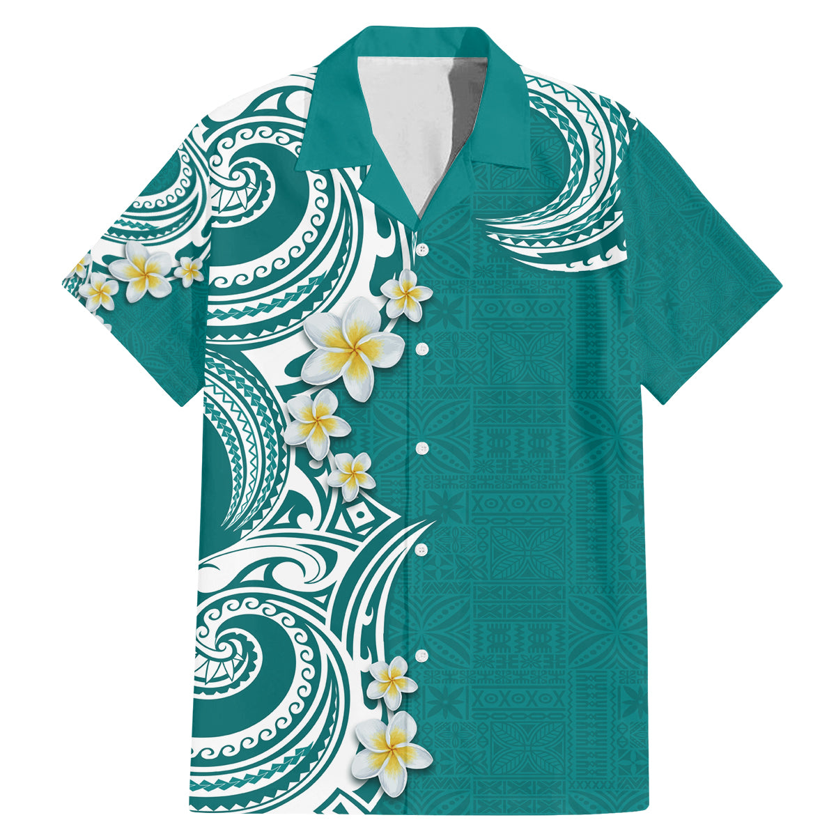 Aloha Polynesian Plumeria Flower Family Matching Mermaid Dress and Hawaiian Shirt Teal Color