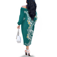 Aloha Polynesian Plumeria Flower Family Matching Off The Shoulder Long Sleeve Dress and Hawaiian Shirt Teal Color LT03 - Polynesian Pride