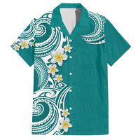 Aloha Polynesian Plumeria Flower Family Matching Off Shoulder Maxi Dress and Hawaiian Shirt Teal Color